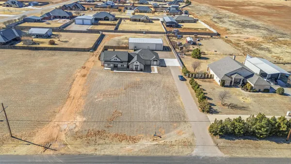 an aerial view of a swimming pool