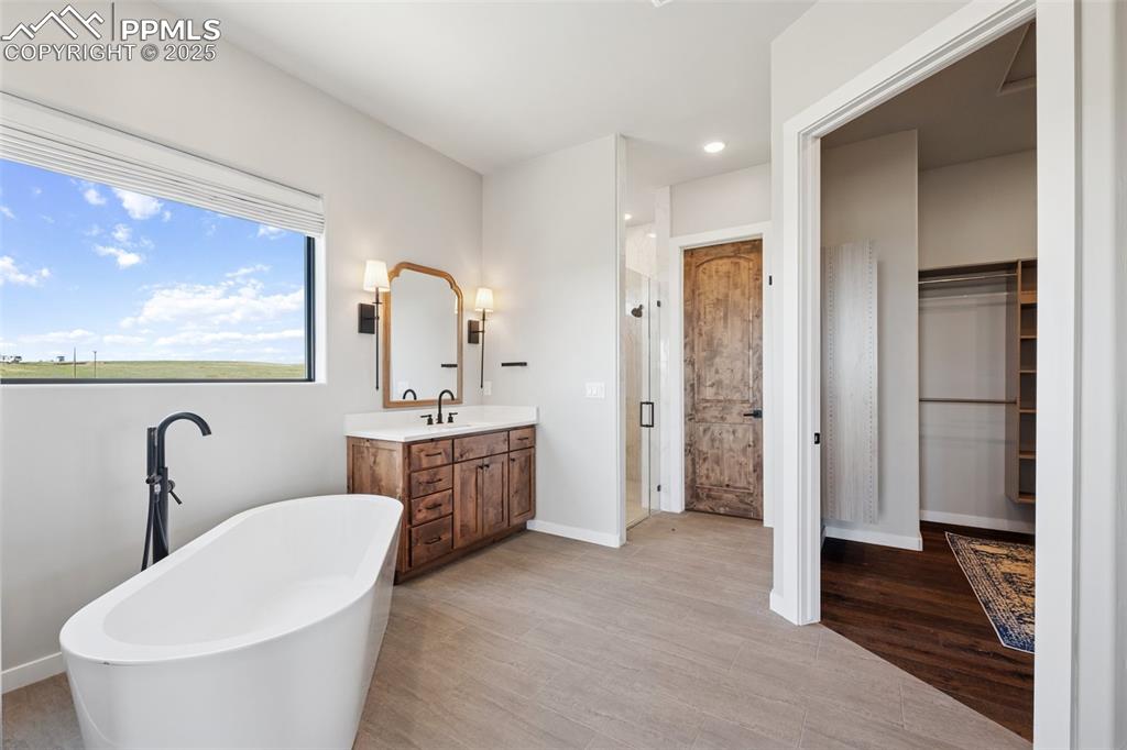 24365 Murphy Road Calhan, CO 80808 - Photo 25 of 48 Bathroom with vanity, a freestanding bath, a stall shower, wood finished floors, and a walk in closet