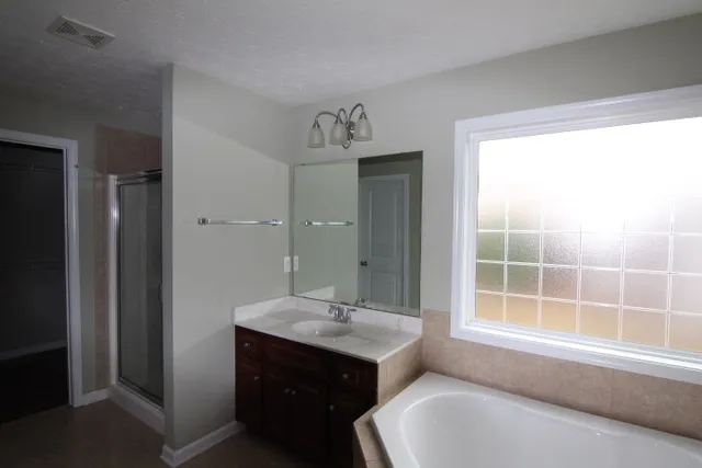 a bathroom with a bathtub sink vanity and a mirror