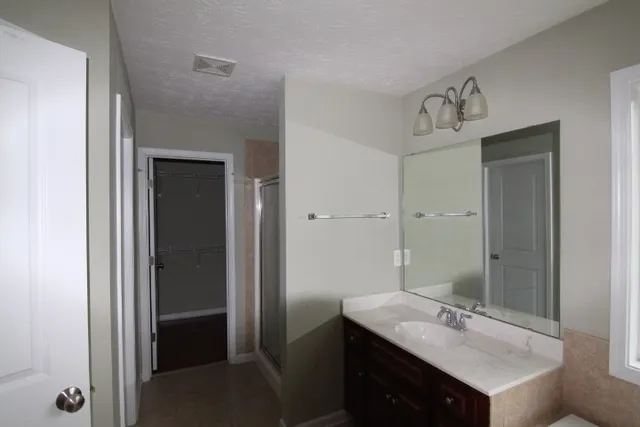 a bathroom with a sink vanity and a mirror