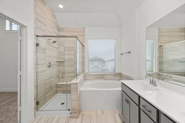 a bathroom with a bathtub shower sink vanity and toilet