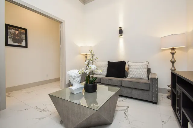 a living room with furniture and a potted plant