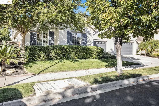 a front view of a house with a yard and potted plants