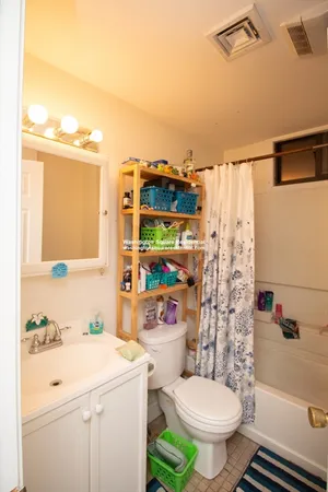 a bathroom with a sink toilet vanity and shower