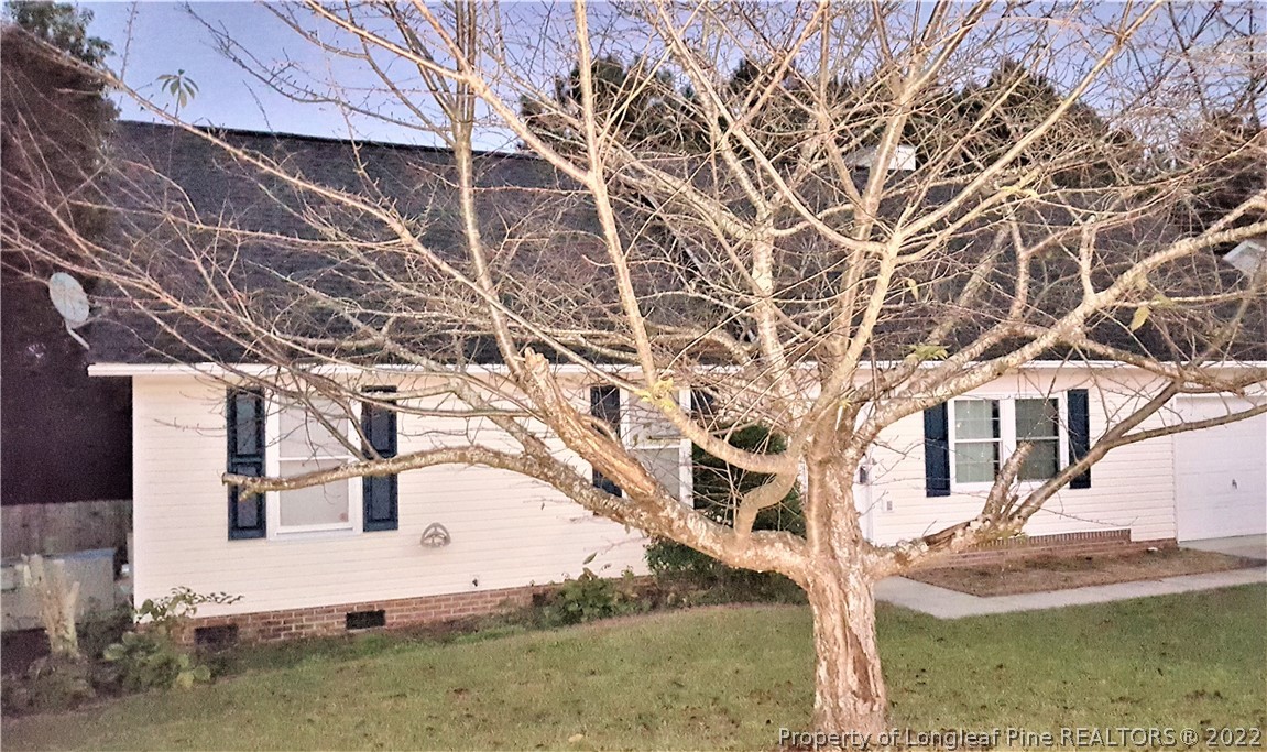 a white house that has tree in front of it