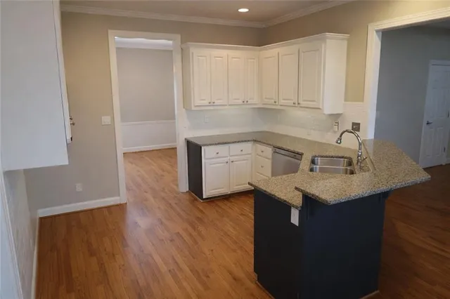 a kitchen with a sink cabinets and wooden floor