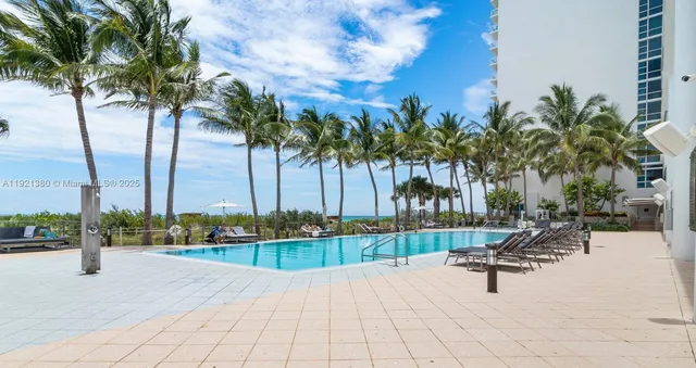 a view of a swimming pool with a bench and palm trees