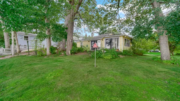 a backyard of a house with plants and large tree