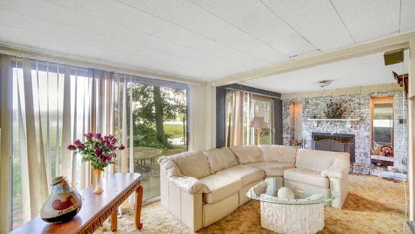 a living room with furniture and a potted plant