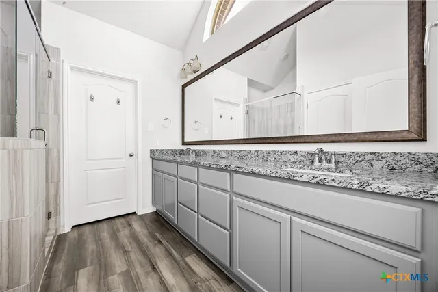 a bathroom with a granite countertop sink and a mirror