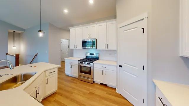 a kitchen with a sink a stove and refrigerator
