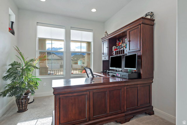 11694 Engelmann Drive Draper, UT 84020 - Photo 19 of 41 Home office with light carpet and recessed lighting