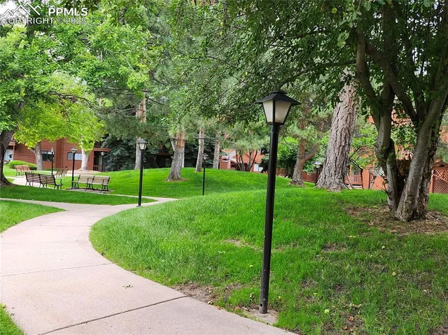 a view of a park with bench and a slide