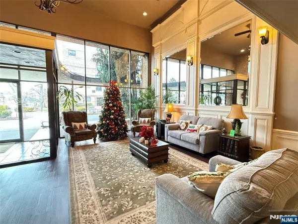 a living room with large windows