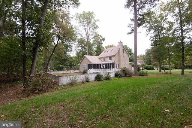 a view of a backyard with large trees and wooden fence