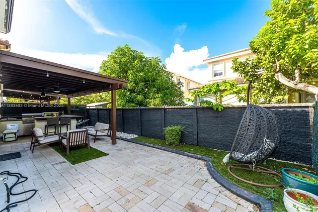 a view of outdoor dining space with a patio