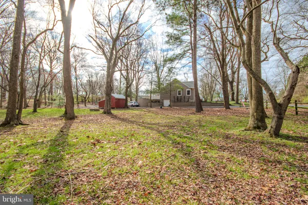 a backyard of a house with a large tree and wooden fence