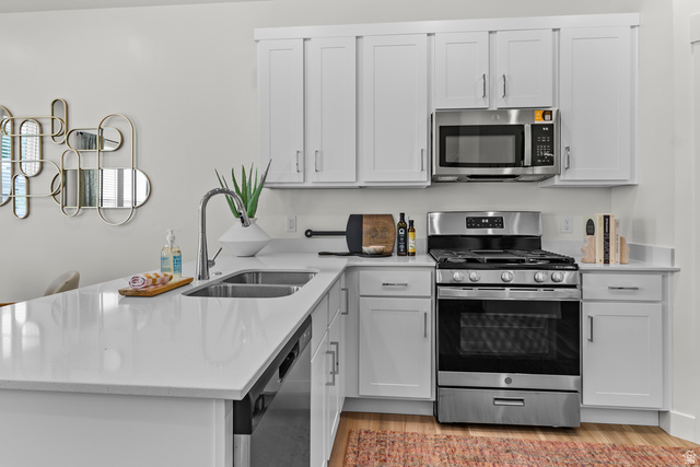 3074 South 270 West Logan, UT 84321 - Photo 6 of 30 White shaker-style cabinetry with stainless steel hardware, white countertops, stainless steel appliances, and a double basin sink with a high-arch faucet