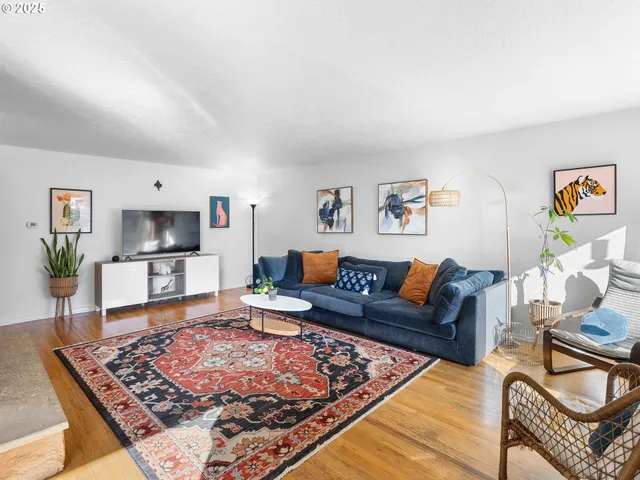 a living room with furniture and a rug