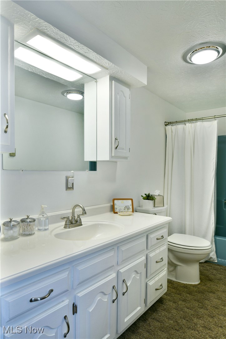 379 Housel Craft Road Bristolville, OH 44402 - Photo 33 of 50 Full bathroom featuring vanity, shower / bathtub combination with curtain, toilet, and a textured ceiling