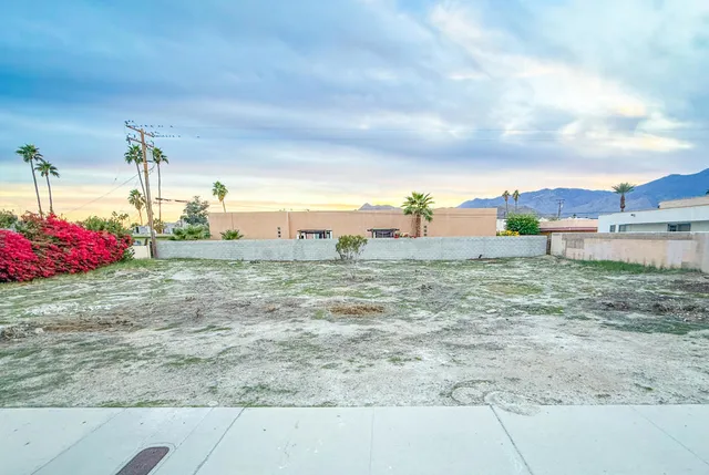a view of a dry yard with wooden fence