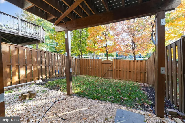 a garden view with a seating space
