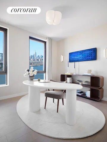 a dining room with furniture a large window and a potted plant