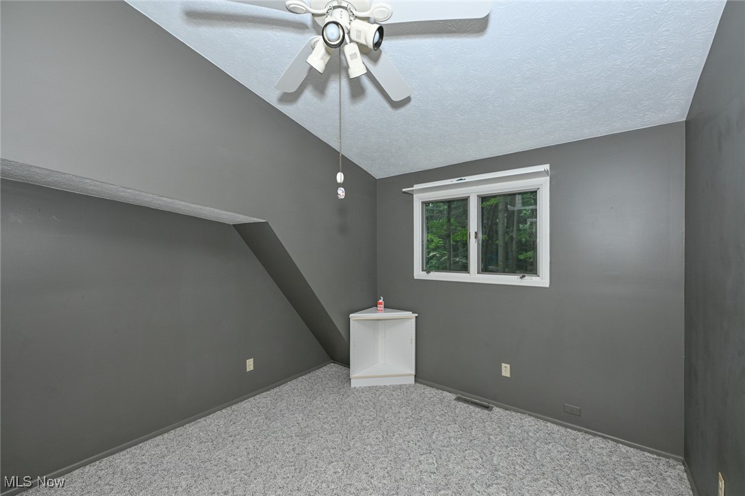 7061 Cascade Road Painesville, OH 44077 - Photo 11 of 49 Empty room featuring a textured ceiling, lofted ceiling, ceiling fan, and carpet floors