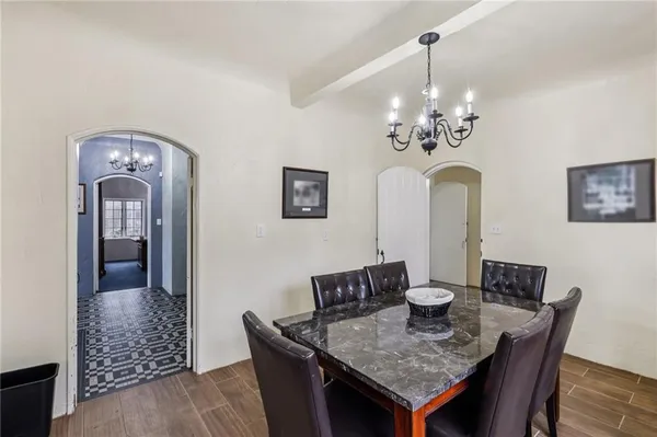a view of a dining room with furniture