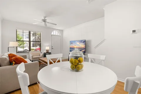 a view of a dining room with furniture