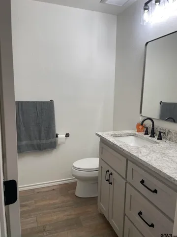a bathroom with a granite countertop toilet sink and mirror