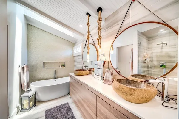 a room with table and a mirror