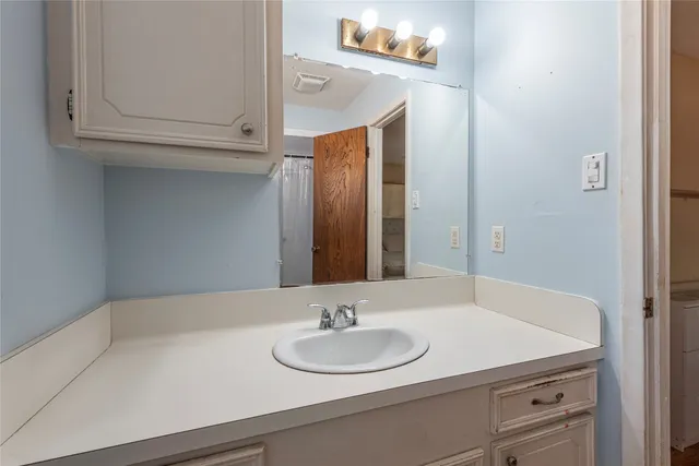 a bathroom with a sink and a mirror