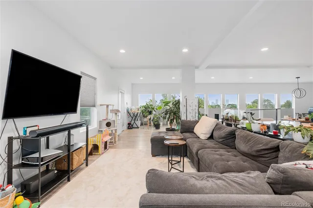 a living room with furniture potted plant and a flat screen tv