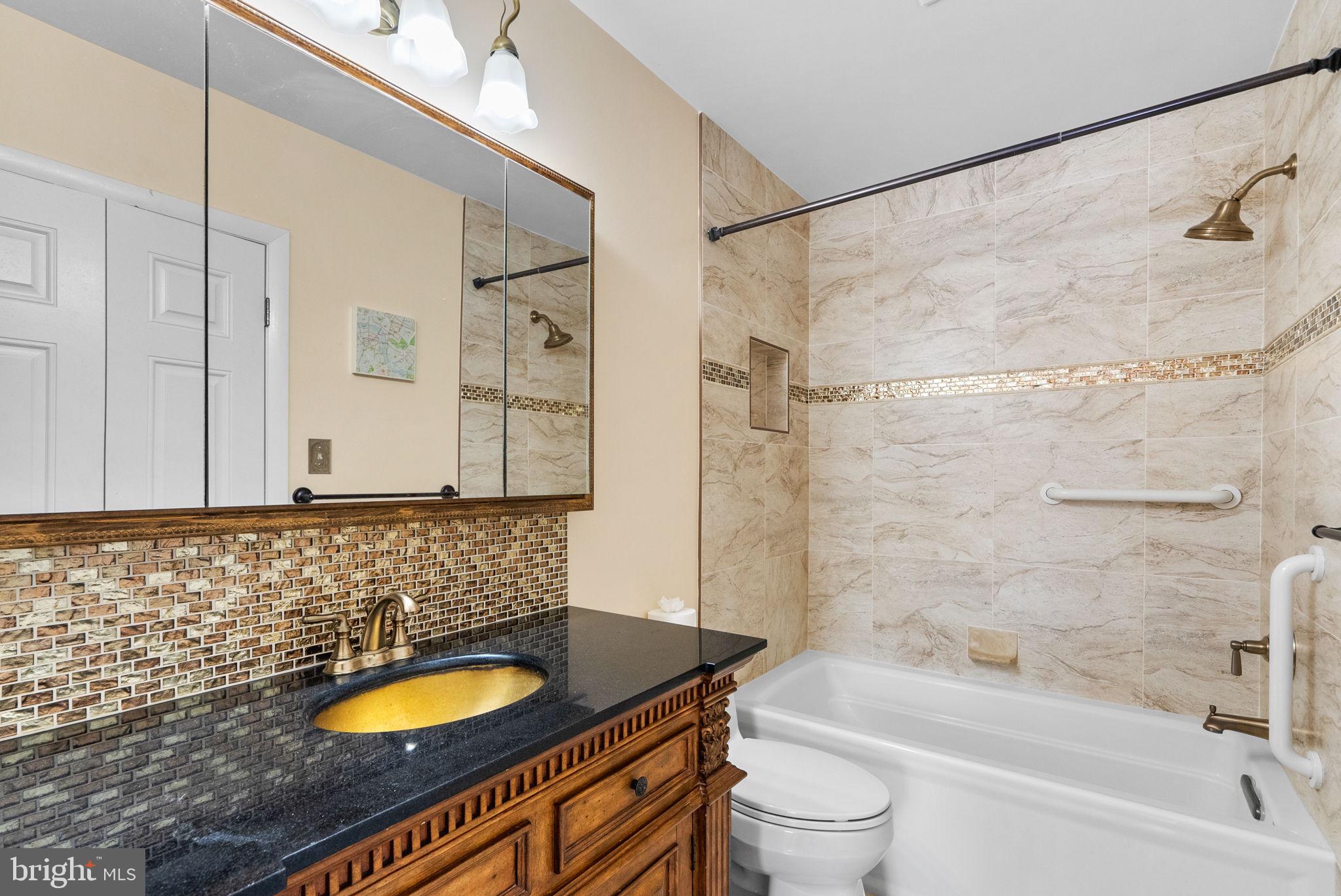 6300 Red Cedar Place, Unit 310 Baltimore, MD 21209 - Photo 16 of 28 a bathroom with a granite countertop sink a toilet and bathtub