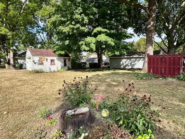 a view of a backyard with potted plants and large trees