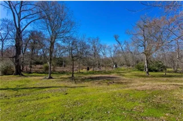 a backyard of apartments with large trees