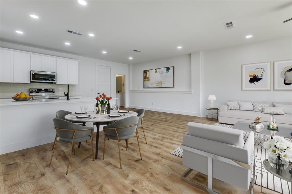 9475 Timberleaf Drive Dallas, TX 75243 - Photo 5 of 38 a living room with furniture and a dining table with wooden floor