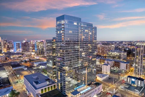 a city view with tall buildings