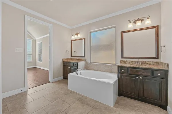 a bathroom with a tub a sink and a mirror