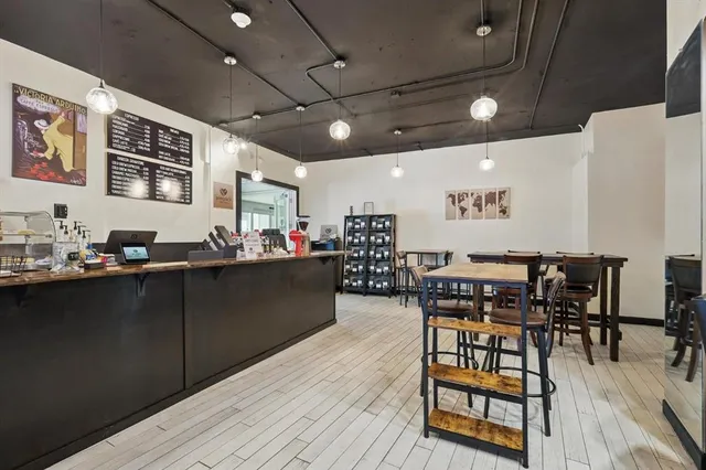 a view of a dining room with furniture