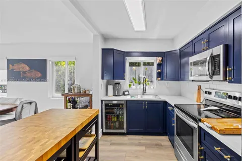 a kitchen with stainless steel appliances a stove a sink and a microwave