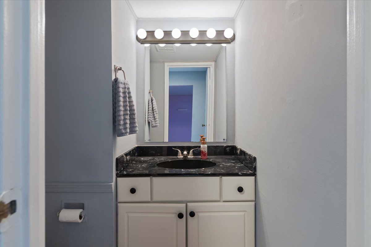 246 Monroe Road Bolingbrook, IL 60440 - Photo 5 of 32 a bathroom with a granite countertop sink and a mirror