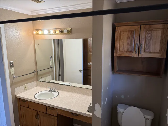 a bathroom with a sink a toilet and a mirror