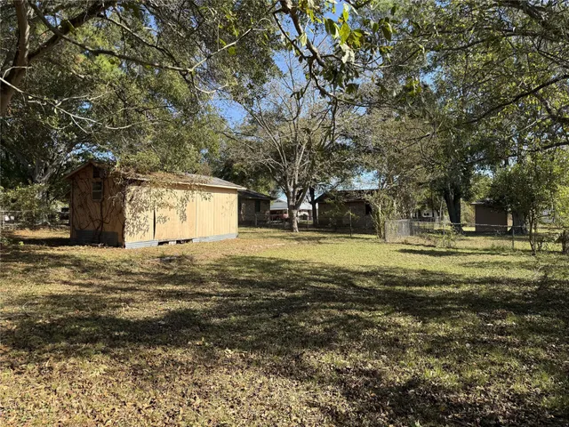 a view of a yard with plants and trees