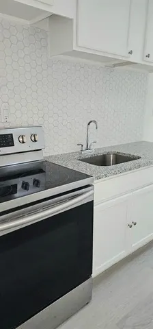 a kitchen with a stove and a sink