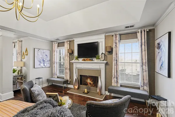 a living room with furniture a fireplace and a flat screen tv