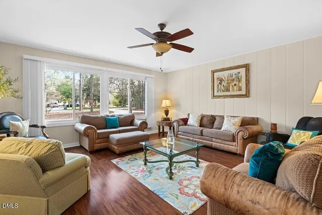 a view of a dining room with furniture