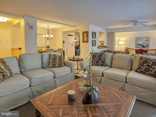 a lobby with furniture and a potted plant