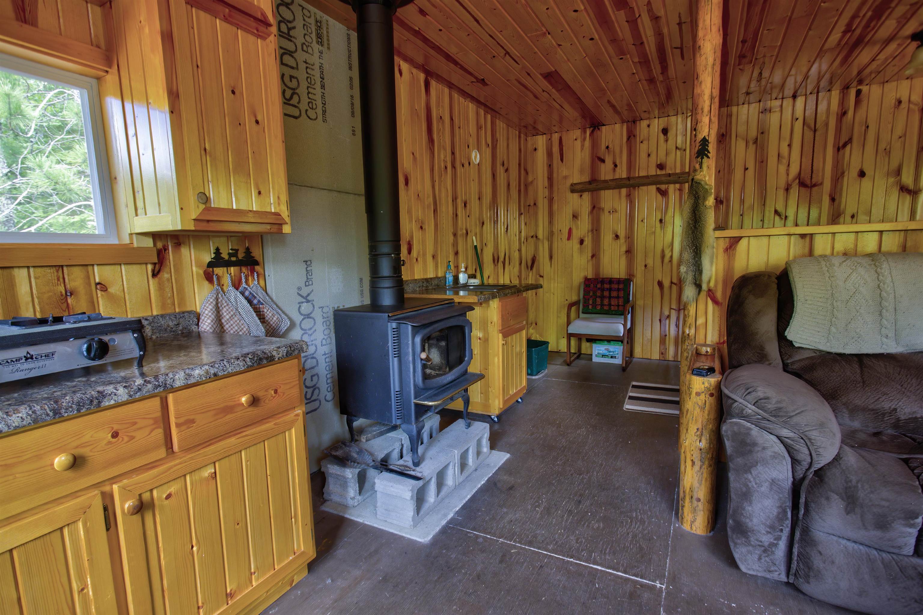 4194 Nels Lake Road Ely, MN 55731 - Photo 10 of 27 Interior space with a wood stove, wooden walls, and wooden ceiling